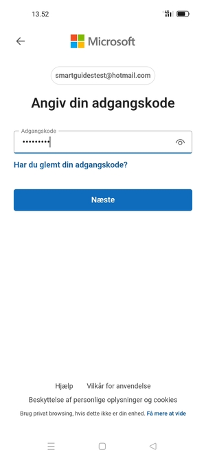 Indtast din adgangskode og vælg Næste