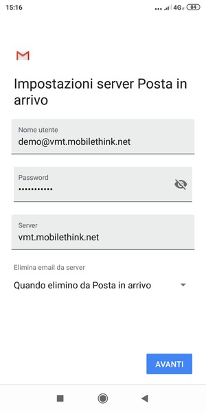 Inserisci Nome utente e l'indirizzo del server di posta in arrivo. Seleziona AVANTI