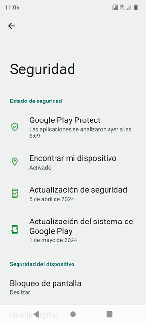 Para activar su bloqueo de pantalla, vaya al menú Seguridad y seleccione Bloqueo de pantalla