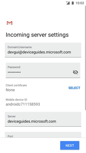 Enter Username and Exchange server address. Select NEXT
