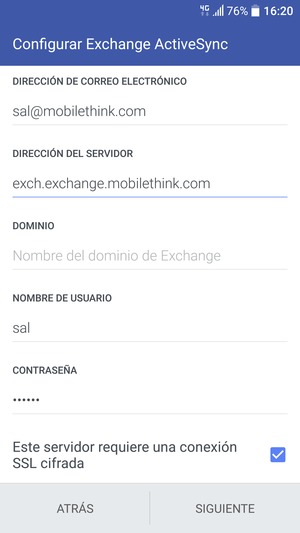 Introduzca dirección del servidor Exchange y Nombre de usuario. Seleccione SIGUIENTE