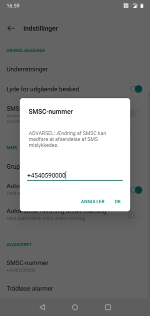 Indtast SMSC number og vælg OK