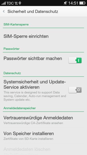Um die PIN für die SIM-Karte zu wechseln, gehen Sie zum Sicherheit und Datenschutz Menü zurück und wählen Sie SIM-Sperre einrichten