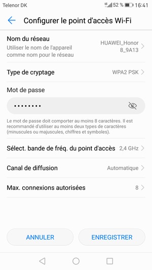 Saisissez un mot de passe de hotspot Wi-Fi d'au moins 8 caractères et sélectionnez ENREGISTRER
