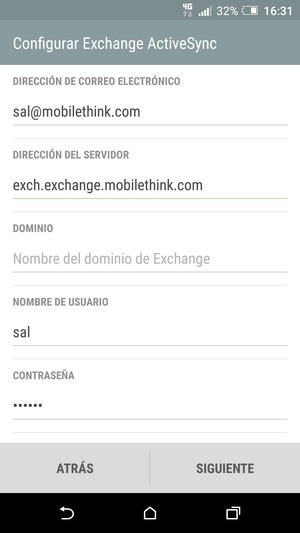 Introduzca dirección del servidor Exchange y Nombre de usuario. Seleccione SIGUIENTE