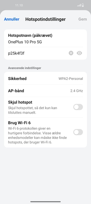 Indtast en Wi-Fi-hotspot adgangskode på minimum 8 tegn og vælg Gem