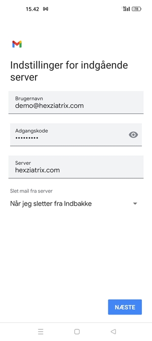 Indtast Brugernavn og indgående serveradresse. Vælg NÆSTE