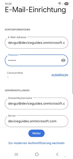 Geben Sie Benutzername und Exchange Server-Adresse ein. Wählen Sie Weiter