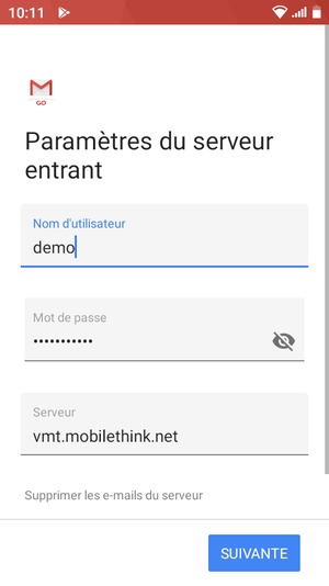Saisissez votre Nom d'utilisateur et l'adresse du serveur entrant. Sélectionnez SUIVANTE