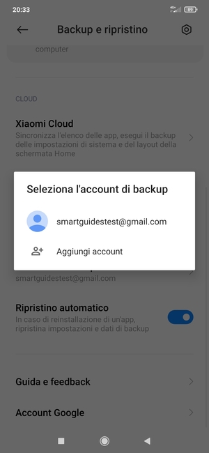 Seleziona il tuo account di backup