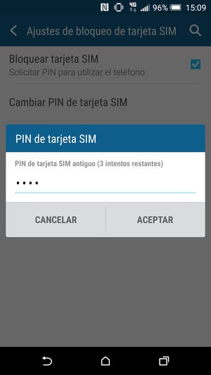 Introduzca su PIN de tarjeta SIM antiguo y seleccione ACEPTAR