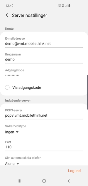 Indtast Brugernavn og Indgående serveradresse