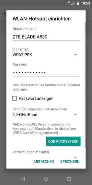 Geben Sie eine WLAN-Hotspot-Passwort mit mindestens 8 Zeichen ein und wählen Sie SPEICHERN