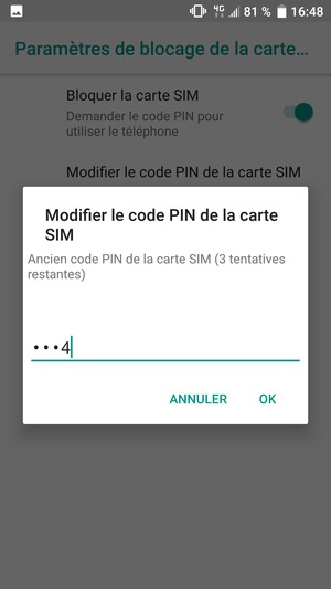 Saisissez votre Ancien code PIN de la carte SIM et sélectionnez OK