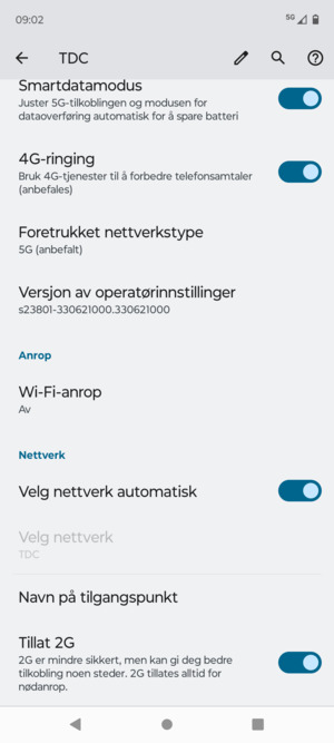 For å bytte nettverk hvis det oppstår nettverksproblemer, slå av Velg nettverk automatisk