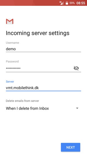 Enter Username and Incoming server address. Select NEXT