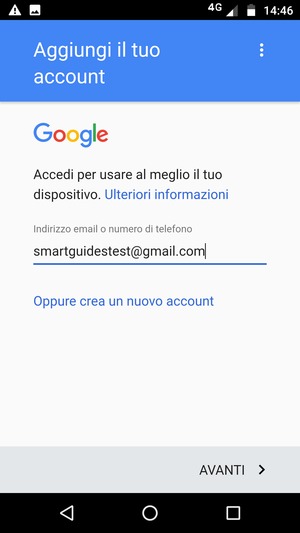 Inserisci il tuo indirizzo Gmail e seleziona AVANTI