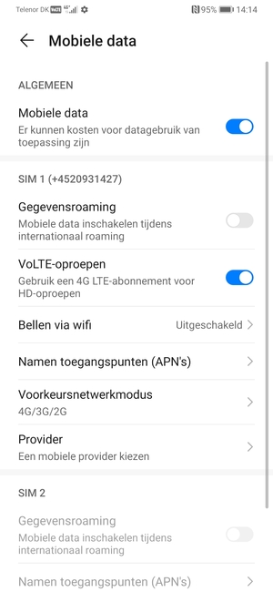 Scroll naar SIM 1 of SIM 2 en selecteer Namen toegangspunten (APN's)