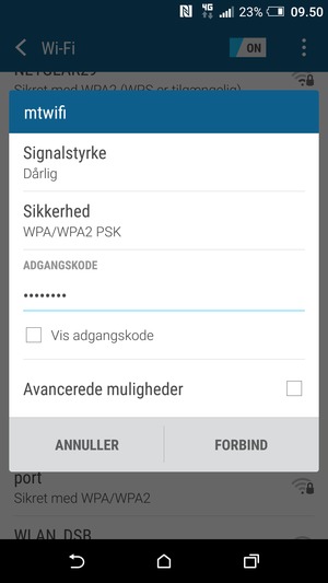 Indtast Wi-Fi adgangskoden og vælg FORBIND