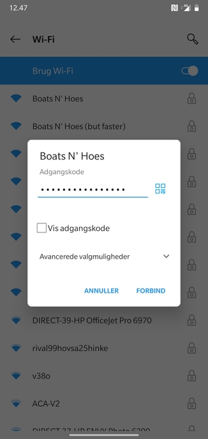 Indtast Wi-Fi adgangskoden og vælg FORBIND
