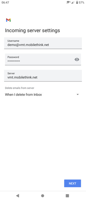 Enter Username and Incoming server address. Select NEXT