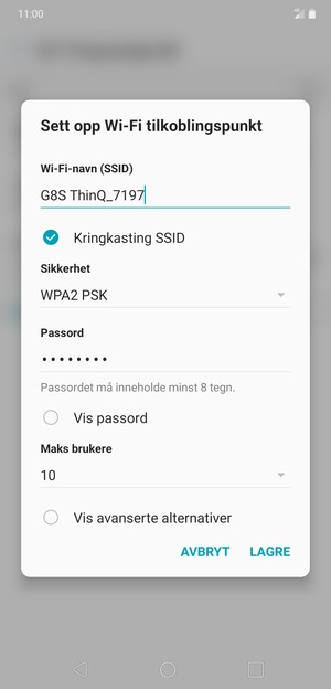 Skriv inn et Wi-Fi hotspot-passord på minst 8 tegn og velg LAGRE