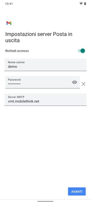 Inserisci l'indirizzo del server di posta in uscita