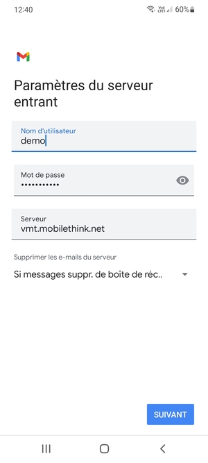 Saisissez votre Nom d'utilisateur et l'adresse du serveur entrant. Sélectionnez SUIVANT