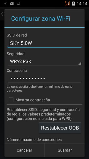 Introduzca una contraseña de punto de acceso Wi-Fi de al menos 8 caracteres y seleccione Guardar