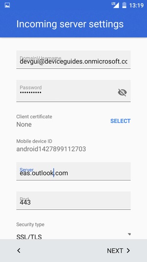 Enter Username and Exchange server address. Select NEXT