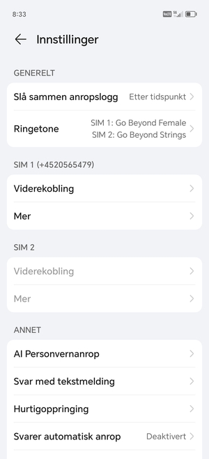 Bla til SIM 1 eller SIM 2 og velg Mer