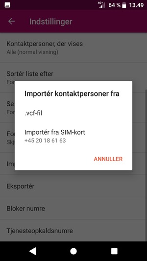 Vælg Importér fra SIM-kort