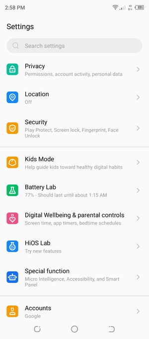 Return to the Settings menu and scroll to and select Accounts