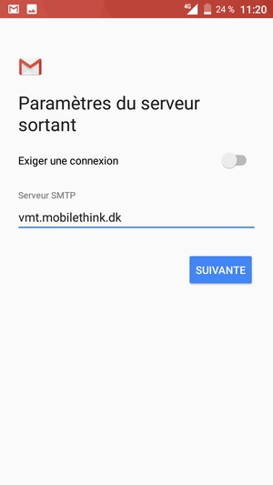 Saisissez l'adresse du serveur sortant et sélectionnez SUIVANTE