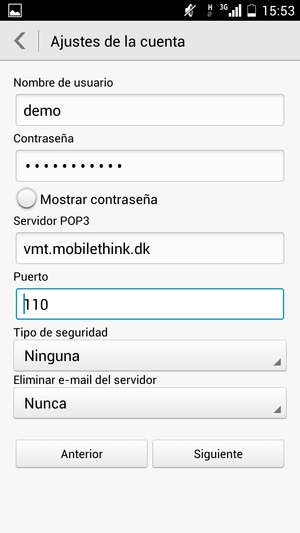 Introduzca Nombre de usuario y la dirección de servidor entrante. Seleccione Siguiente