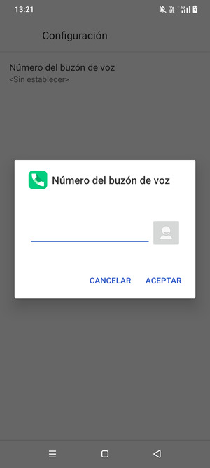 Introduzca el Número del buzón de voz  y seleccione ACEPTAR