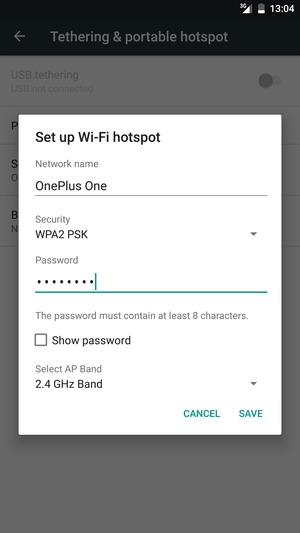 Enter a Wi-Fi hotspot password of at least 8 characters and select SAVE