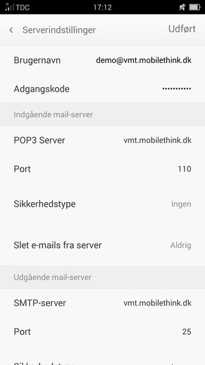 Indtast Brugernavn og Indgående serveradresse