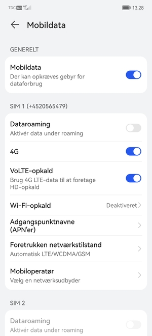 Scroll til SIM 1 eller SIM 2 og vælg Adgangspunktnavne (APN'er)