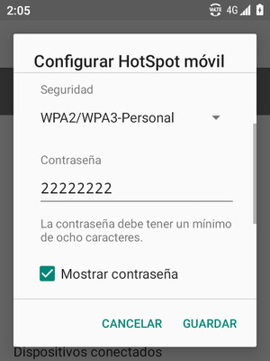 Introduzca una contraseña de punto de acceso Wi-Fi de al menos 8 caracteres y seleccione GUARDAR