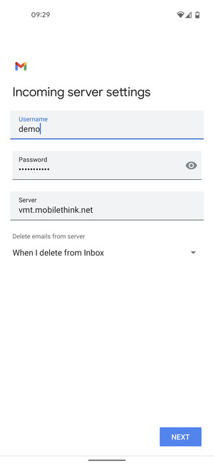 Enter Username and Incoming server address. Select NEXT
