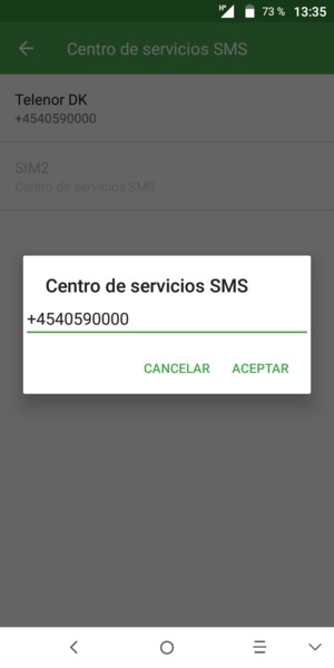 Introduzca el número de Centro de servicios SMS y seleccione ACEPTAR