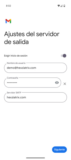 Introduzca la dirección de servidor saliente y seleccione Siguiente