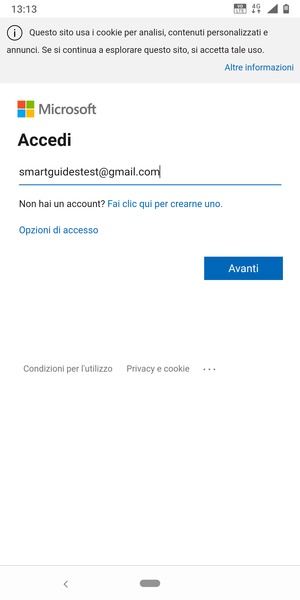 Inserisci il tuo indirizzo email e seleziona Avanti