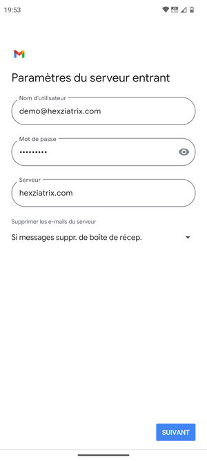 Saisissez votre Nom d'utilisateur et l'adresse du serveur entrant. Sélectionnez SUIVANT