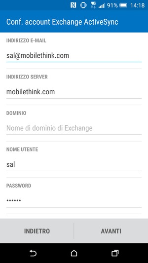 Inserisci l'indirizzo del server Exchange e Nome utente. Seleziona AVANTI