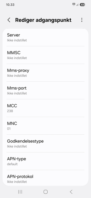 Scroll ned og indtast internet-oplysninger
