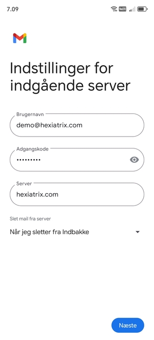 Indtast Brugernavn og indgående serveradresse. Vælg Næste