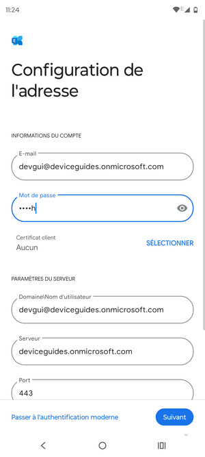 Saisissez votre Nom d'utilisateur et l'adresse du serveur Exchange. Sélectionnez Suivant