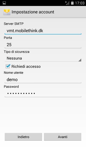 Inserisci l'indirizzo del server di posta in uscita